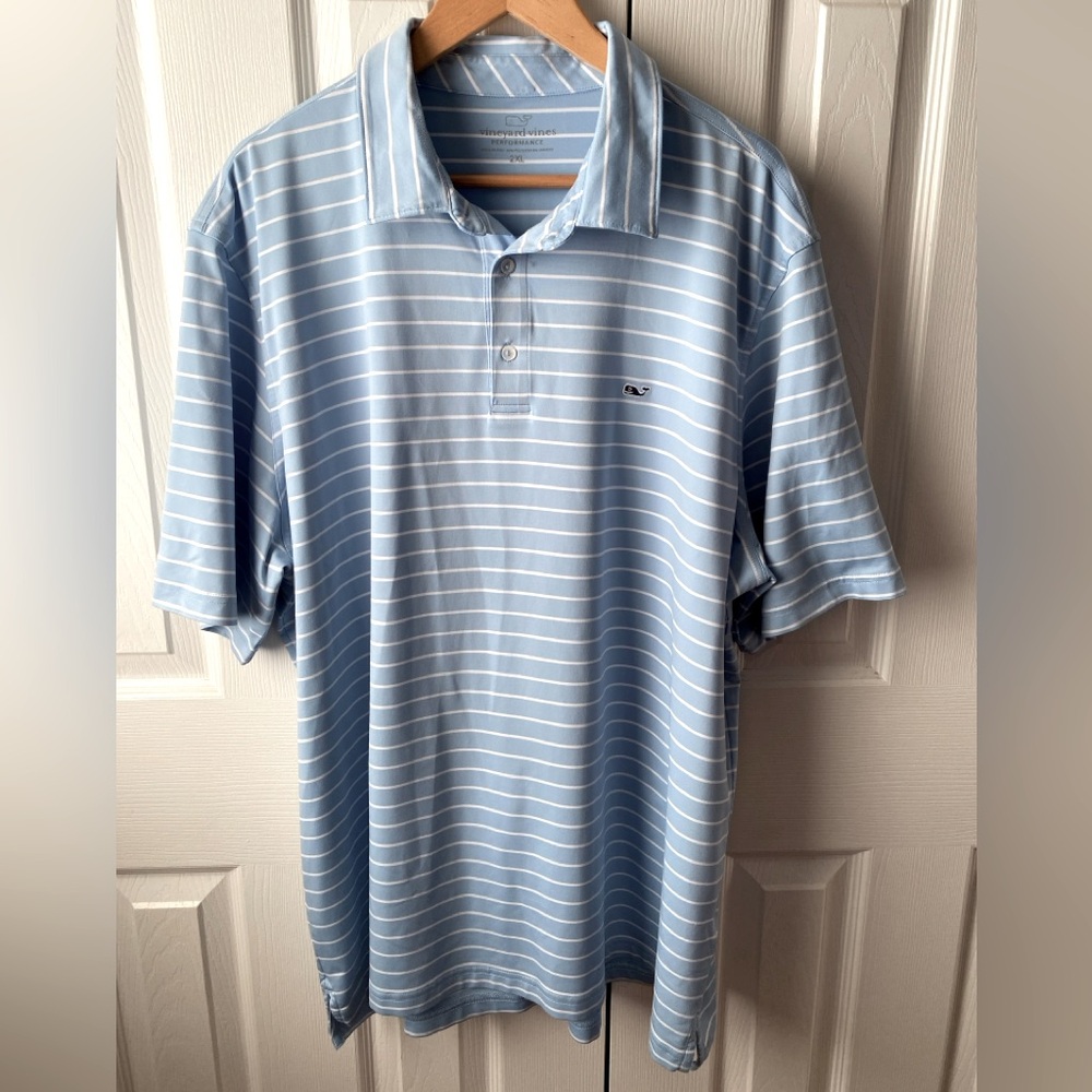 vineyard vines Light Blue/White Stripe Short Sleeve Performance Polo SZ‎ 2XL